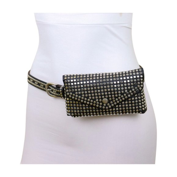 Women Black Faux Leather Skinny Belt + Wallet Bag Silver Studs Size S M z037 main image 9